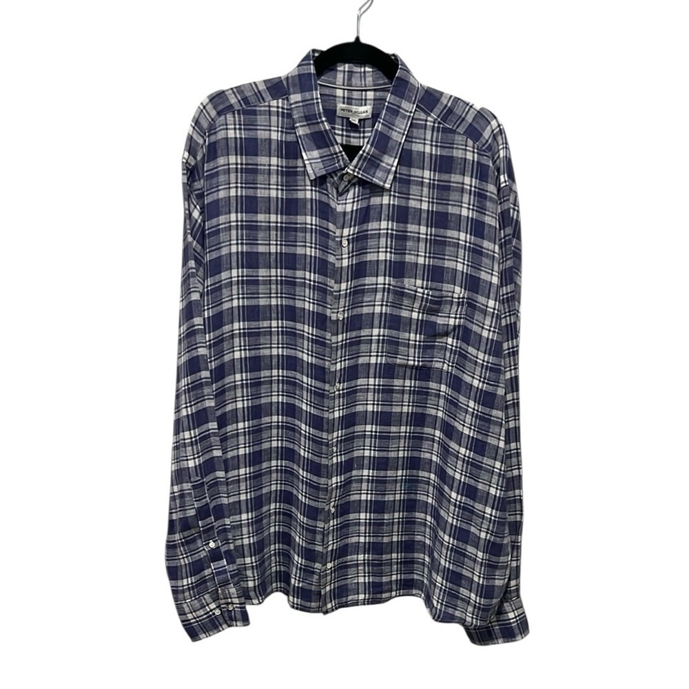 Peter Millar blue & white plaid linen long sleeve button down shirt size XXL